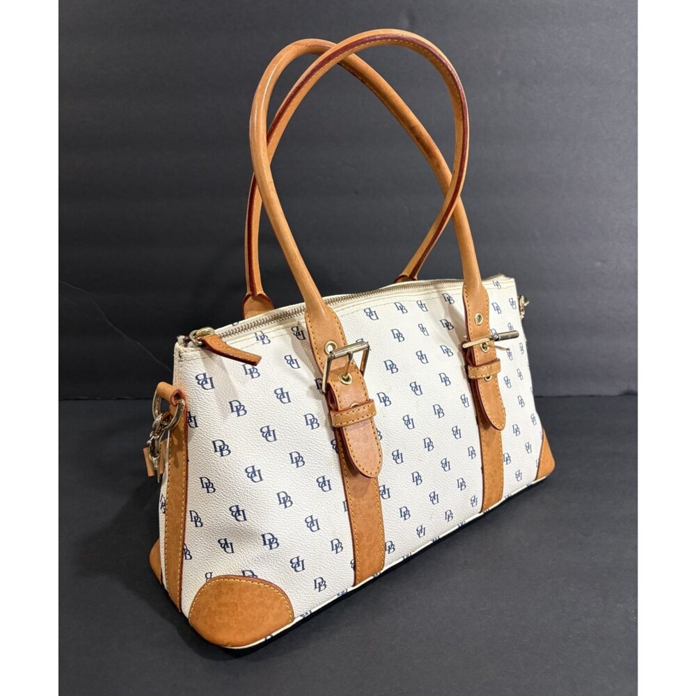 Dooney & Bourke DB Monogram White Coated Canvas Leather Satchel Shoulder Bag